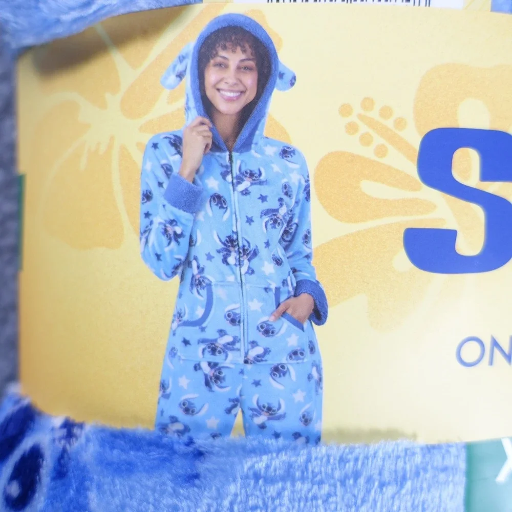 Disney Stitch One Piece Pajama Women XL 16-18 Blue Plush Fleece Hooded Sleeper - Picture 6 of 7